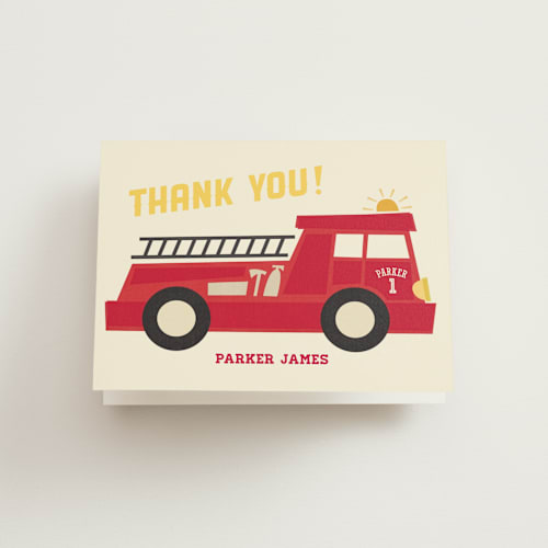 This is a fire kids thank you cards with standard by Jessie Steury called five alarm printing on strathmore in standard