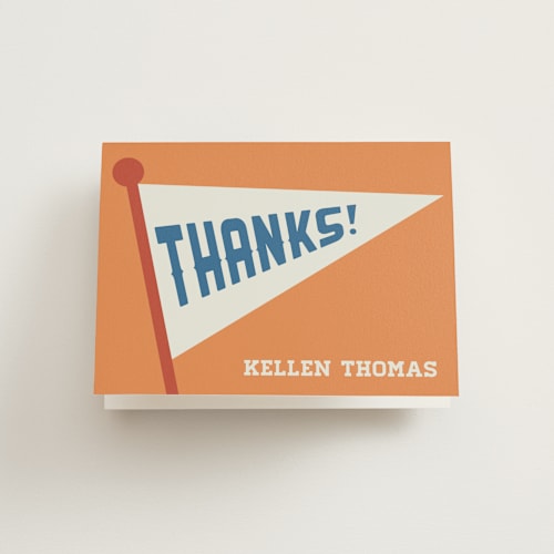 This is a navy kids thank you cards with standard by Jessie Steury called game day printing on strathmore in standard