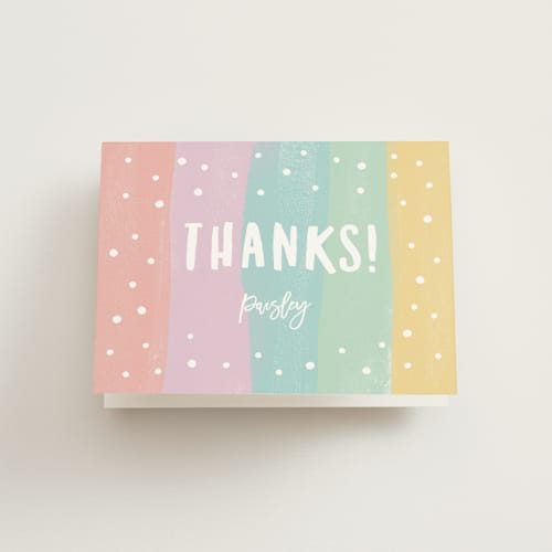 This is a sherbet kids thank you cards with standard by Jennifer Wick called rainbow one printing on strathmore in standard