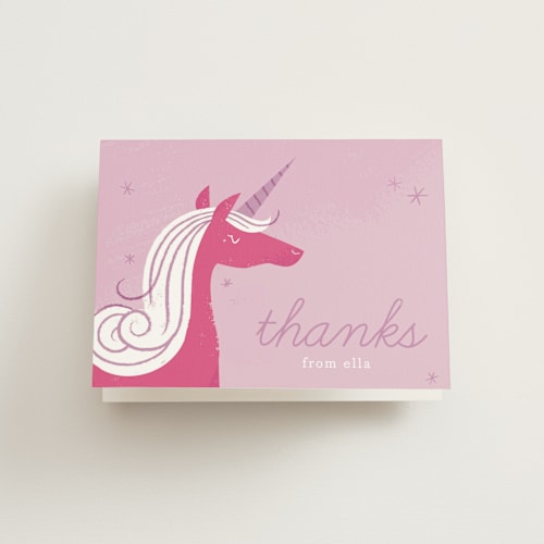 This is a lilac kids thank you cards with standard by Carmi Cioni called sweet unicorn printing on strathmore in standard