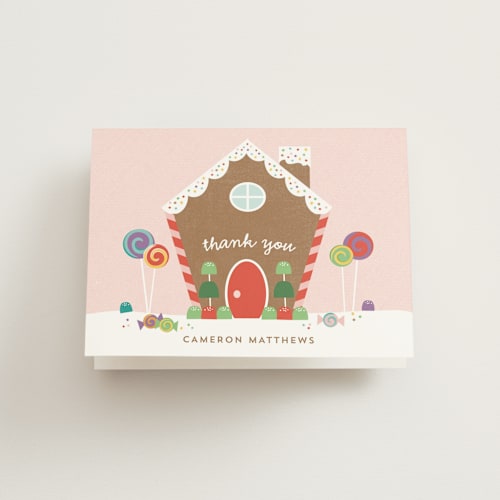 This is a gumdrop kids thank you cards with standard by Annie Holmquist called gingerbread house printing on strathmore in standard