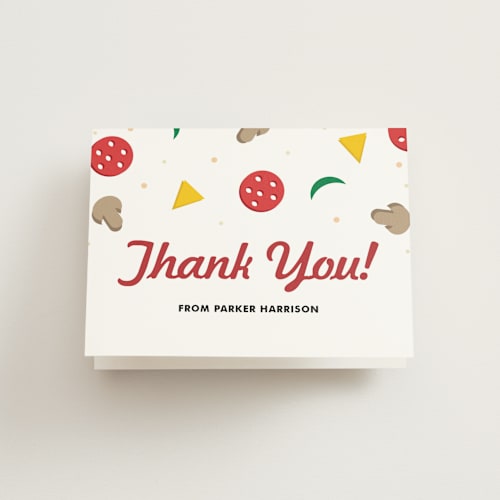 This is a cinnabar kids thank you cards with standard by Oma N. Ramkhelawan called pizzeria printing on strathmore in standard