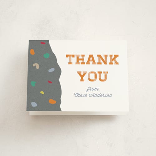 This is a tangerine kids thank you cards with standard by Kate Sorensen called rock on printing on strathmore in standard