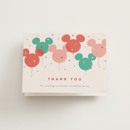 This is a berry kids thank you cards with standard by chocomocacino called disney's mickey mouse balloon trio printing on strathmore in standard