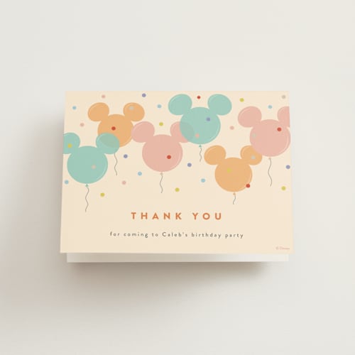 This is a popsicle kids thank you cards with standard by chocomocacino called disney's mickey mouse balloon trio printing on strathmore in standard