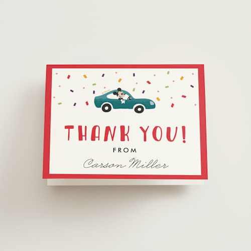 This is a candy kids thank you cards with standard by Oma N. Ramkhelawan called disney's mickey mouse race printing on strathmore in standard