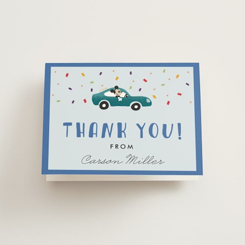 This is a bubble gum kids thank you cards with standard by Oma N. Ramkhelawan called disney's mickey mouse race printing on strathmore in standard