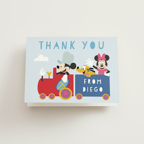 This is a sky kids thank you cards with standard by Madhvi Samimi called disney mickey & friends birthday train printing on strathmore in standard