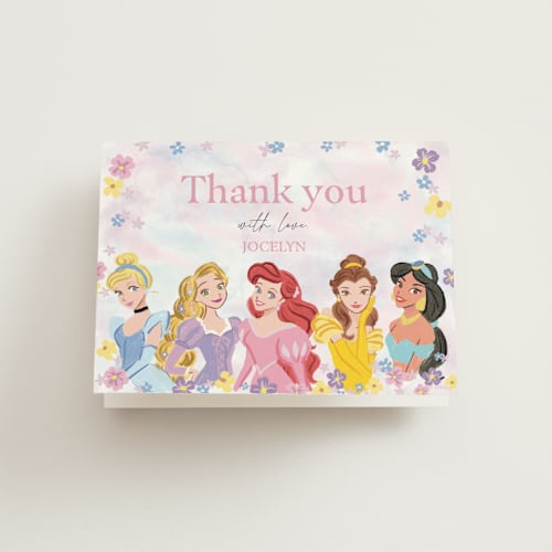 This is a cotton candy kids thank you cards with standard by Cass Loh called disney's princess portrait printing on strathmore in standard