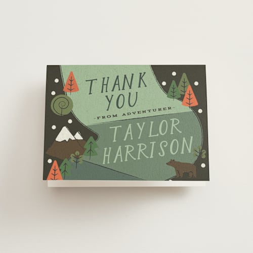 This is a forest kids thank you cards with standard by Jennifer Lew called skip go printing on strathmore in standard