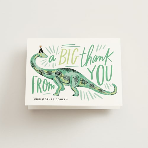 This is a fern kids thank you cards with standard by Alethea and Ruth called dino party hat printing on strathmore in standard