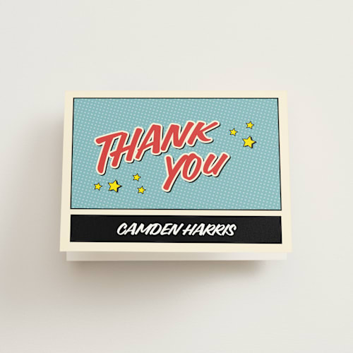 This is a steel kids thank you cards with standard by Nam Bourassa called superhero birthday party printing on strathmore in standard
