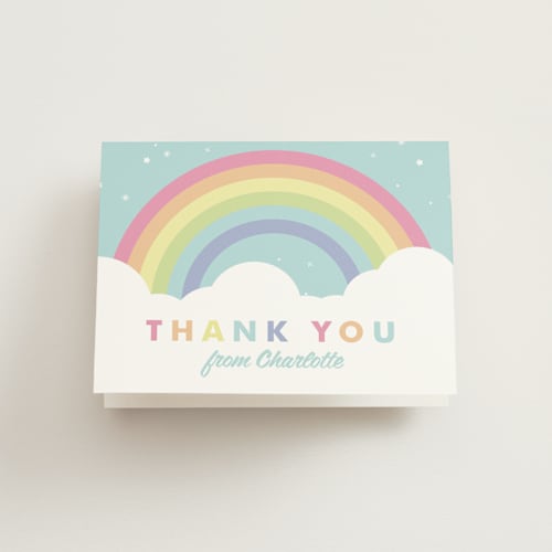 This is a mint kids thank you cards with standard by Maria Alou called pastel rainbow sparkles printing on strathmore in standard