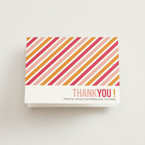 This is a sunset pink kids thank you cards with standard by Annie Clark called birthday type printing on strathmore in standard