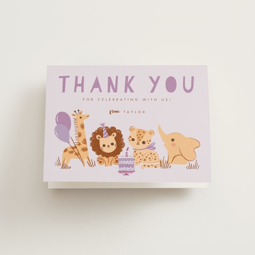 This is a violet kids thank you cards with standard by Vivian Yiwing called it's a party printing on strathmore in standard