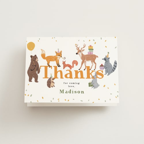 This is a icing kids thank you cards with standard by Cass Loh called woodland party animals printing on strathmore in standard