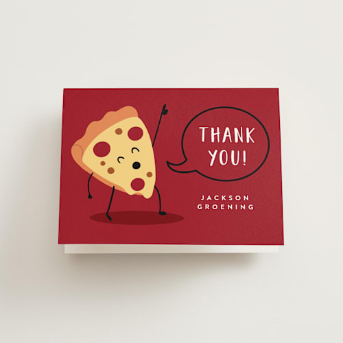 This is a tomato kids thank you cards with standard by Katie Zimpel called it's a pizza party printing on strathmore in standard