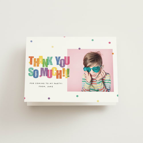 This is a rainbow kids thank you cards with standard by Stephanie Hawkes called get ready to party printing on strathmore in standard