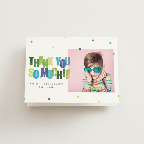 This is a key lime kids thank you cards with standard by Stephanie Hawkes called get ready to party printing on strathmore in standard