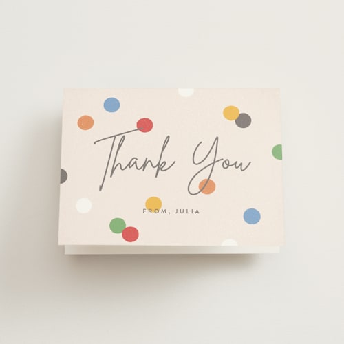 This is a apricot kids thank you cards with standard by Michelle Taylor called confetti balloon printing on strathmore in standard