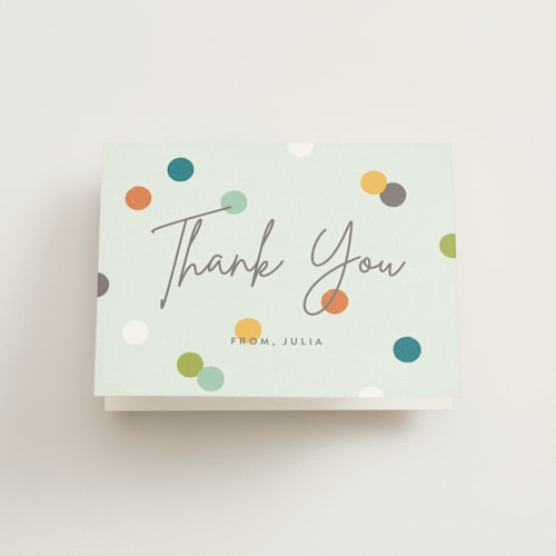 This is a lime kids thank you cards with standard by Michelle Taylor called confetti balloon printing on strathmore in standard