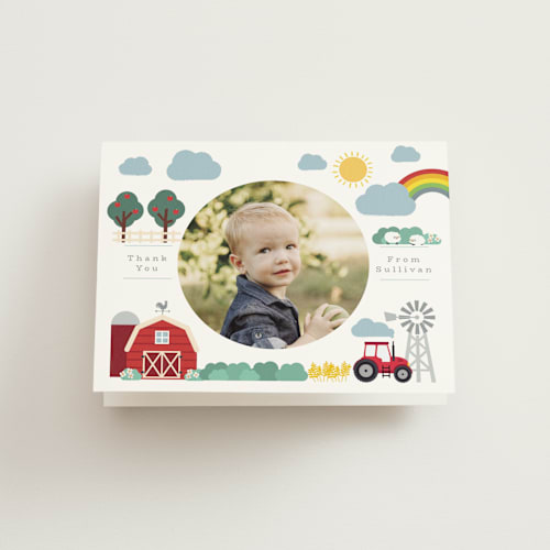 This is a rainbow kids thank you cards with standard by Hudson meet Rose called down by the farm printing on strathmore in standard