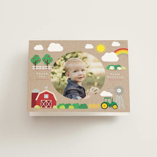 This is a kraft kids thank you cards with standard by Hudson meet Rose called down by the farm printing on strathmore in standard