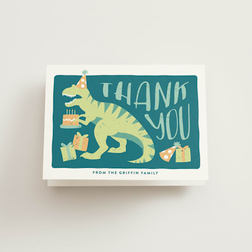 This is a jungle kids thank you cards with standard by Joanna Griffin called stomp and chomp dino printing on strathmore in standard
