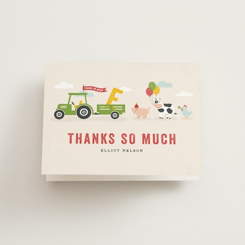 This is a cream kids thank you cards with standard by Michelle Taylor called party parade printing on strathmore in standard