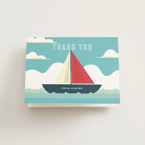 This is a lagoon kids thank you cards with standard by Jessica Voong called sail-ebrate printing on strathmore in standard