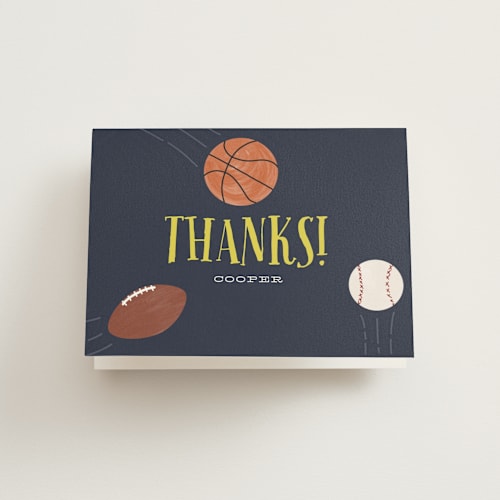 This is a navy kids thank you cards with standard by Leah Bisch called sports fan printing on strathmore in standard