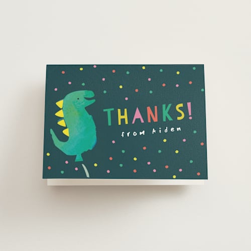 This is a teal kids thank you cards with standard by Lori Wemple called dinosaur balloon printing on strathmore in standard