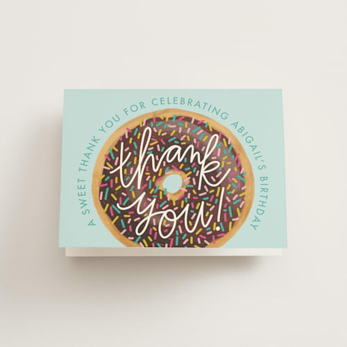 This is a chocolate kids thank you cards with standard by Jen Owens called donut party printing on strathmore in standard