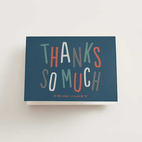This is a navy kids thank you cards with standard by Lori James called bounce on over printing on strathmore in standard