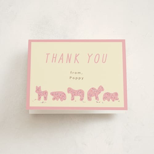 This is a pink sugar kids thank you cards with standard by Jennifer Postorino called animal cracker parade printing on strathmore in standard