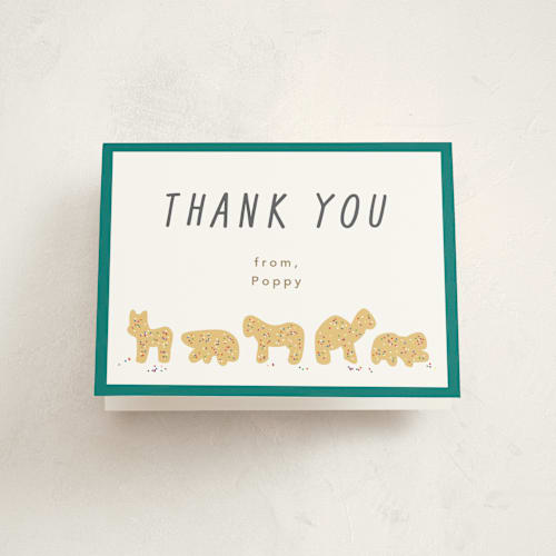 This is a biscotti kids thank you cards with standard by Jennifer Postorino called animal cracker parade printing on strathmore in standard