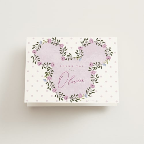 This is a violet kids thank you cards with standard by Susan Zinader called disney's minnie wildflower printing on strathmore in standard