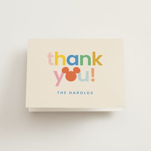 This is a bold kids thank you cards with standard by Ellen Schlegelmilch called vibrant disney mickey printing on strathmore in standard