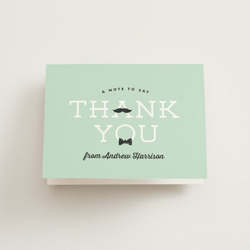 This is a mint kids thank you cards with standard by Lauren Chism called one little man printing on strathmore in standard