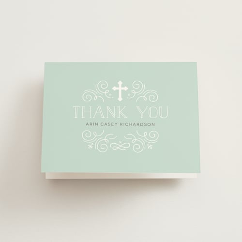 This is a spearmint kids thank you cards with standard by Jessica Williams called creamy swirls printing on strathmore in standard