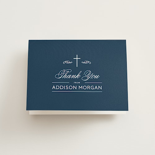 This is a navy kids thank you cards with standard by Beth Schneider called stately cross printing on strathmore in standard