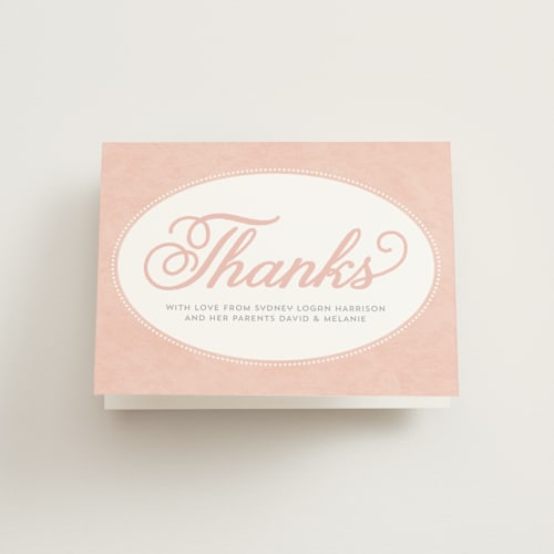 This is a pink blossom kids thank you cards with standard by Sarah DeWitt called sweet tradition printing on strathmore in standard