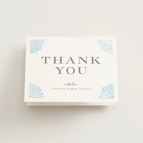 This is a powder blue kids thank you cards with standard by Michelle Taylor called water drops printing on strathmore in standard
