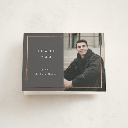 This is a charcoal graduation thank you cards with foil pressed by AK Graphics called tassel framed printing on strathmore in standard