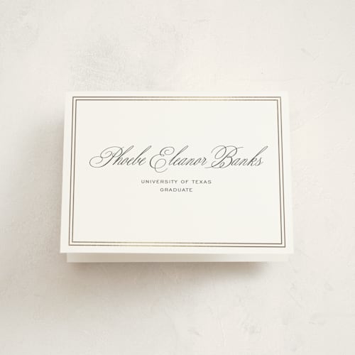 This is a inkwell graduation thank you cards with foil pressed by Megan Davis called scholarly charm printing on strathmore in standard