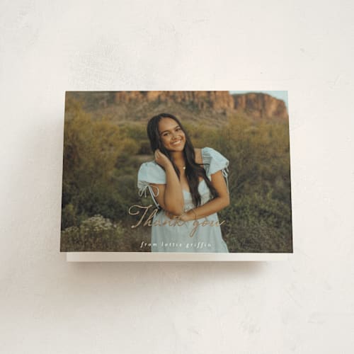 This is a pearl graduation thank you cards with foil pressed by Ashley Iwafuchi called grad greetings printing on strathmore in standard
