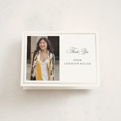 This is a pearl graduation thank you cards with foil pressed by Sarah Brown called traditionally printing on strathmore in standard