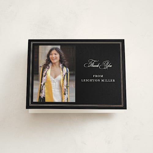 This is a caviar graduation thank you cards with foil pressed by Sarah Brown called traditionally printing on strathmore in standard