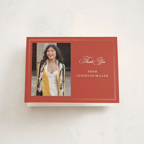This is a cardinal graduation thank you cards with foil pressed by Sarah Brown called traditionally printing on strathmore in standard