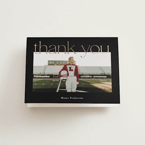 This is a midnight graduation thank you cards with foil pressed by Jackie Crawford called big upper grad printing on strathmore in standard